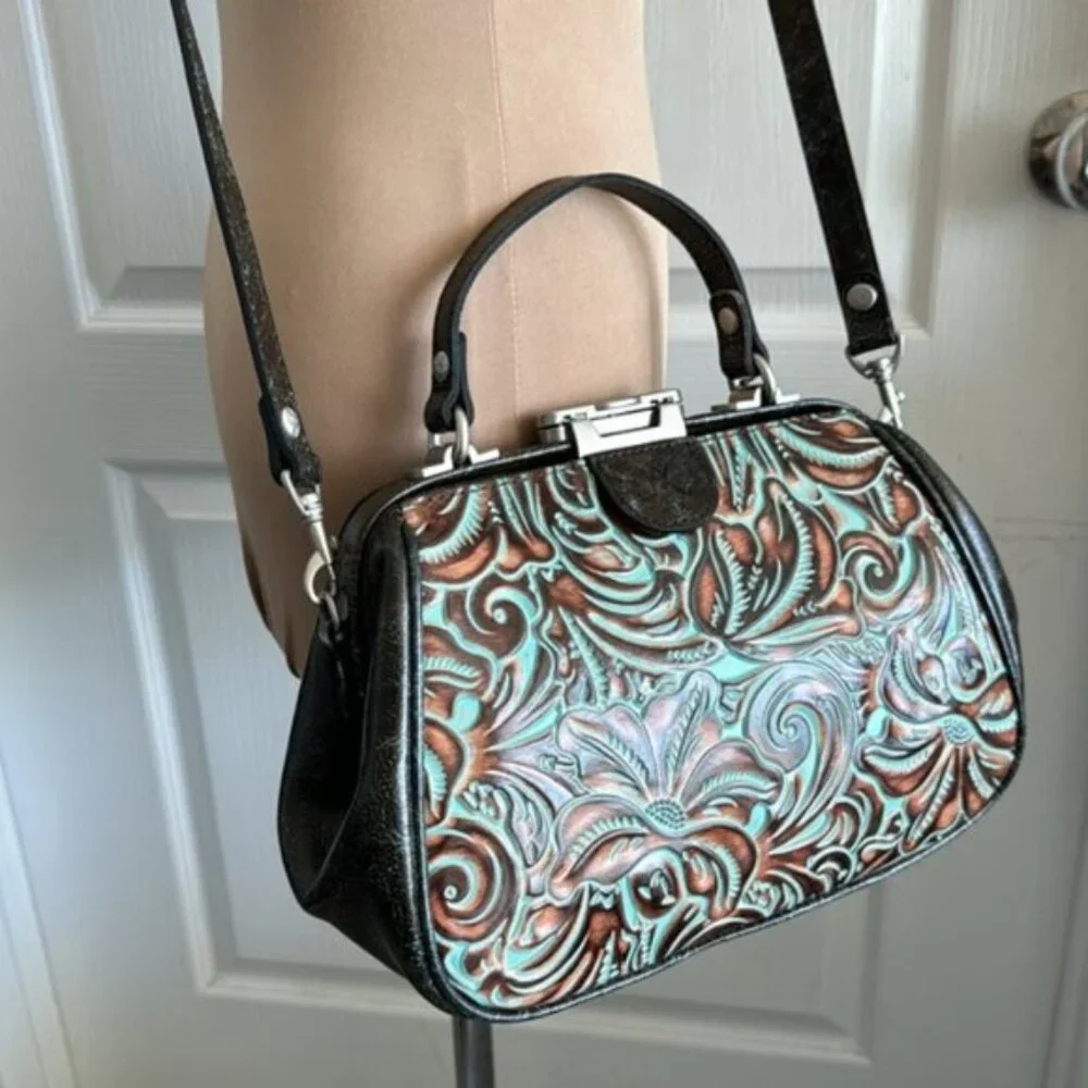 Patricia Nash Turquoise Framed Gracchi Tooled Brntl Leather Crossbody Handbag